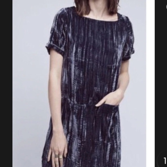 Anthropologie Floreat XS Navy Blue Crinkled Velvet Tunic Dress with Pockets - Picture 1 of 6